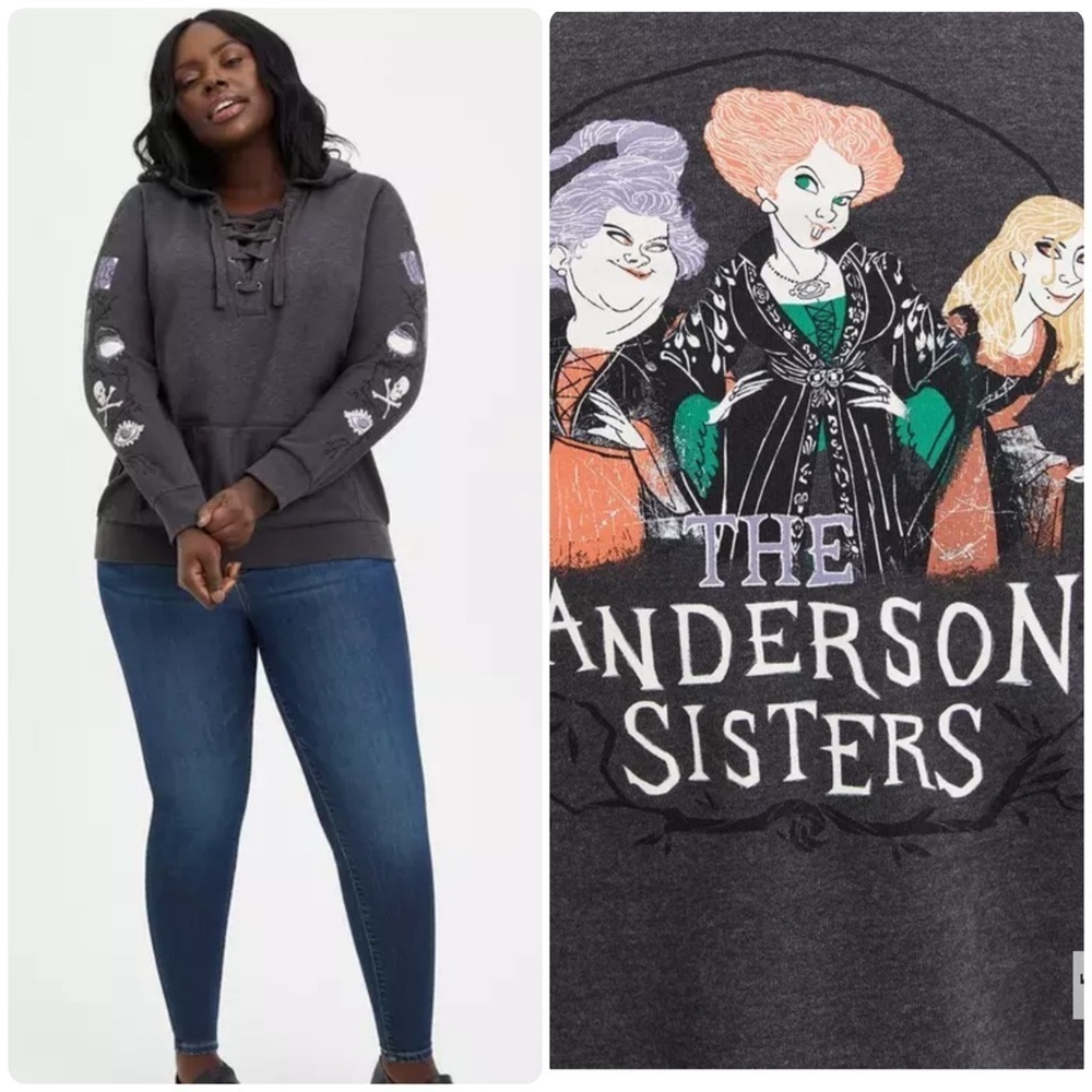 Torrid Disney Hocus Pocus Sanderson Sisters Lace Up Hoodie Sz 1 in Charcoal Binx